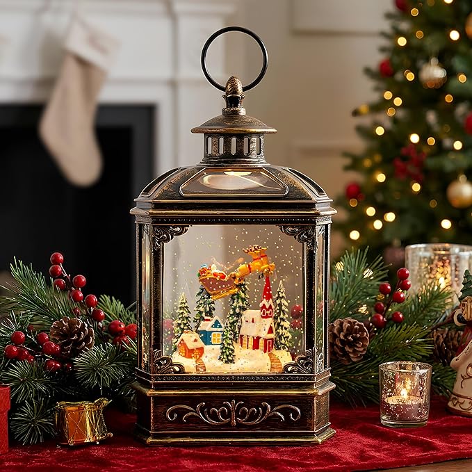 Christmas Snow Globe Swirling Glittering Lantern Santa Flying with Reindeer, USB Lined/Battery Operated Lighted Water Lantern for Christmas Festival Decoration Gifts
