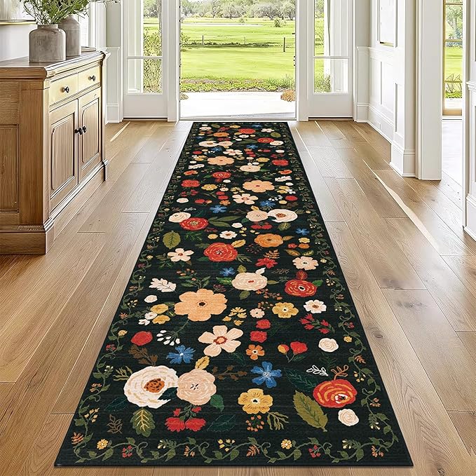 U'Artlines 2'6" x 10' Boho Runner Rug for Hallways Kitchen Colorful Floral Soft Non Slip Washable Floor Carpet Runners for Entryway Laundry Room Bathroom Green