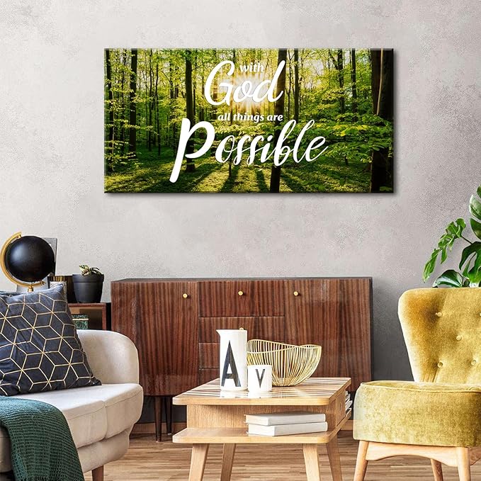 Christian Wall Art Nature Forest Pictures Wall Decor With God All Things are Possible Sign Canvas Prints Bible Scripture Poster Nature Religious Artwork for Living Room Bedroom Home Decoration 24x48"