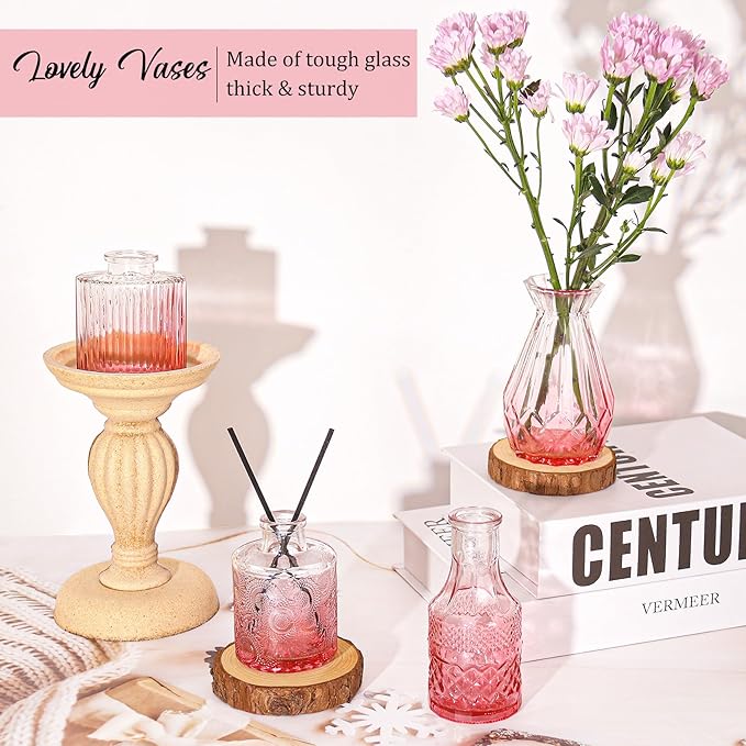 36Pcs Valentine's Day Bud Vases Set Small Vintage Glass Bottles Pink Bud Vases in Bulk Multiple Shape Cute Glass Vases for Rustic Wedding Centerpieces Table Decorations and Home Decor(Pink)