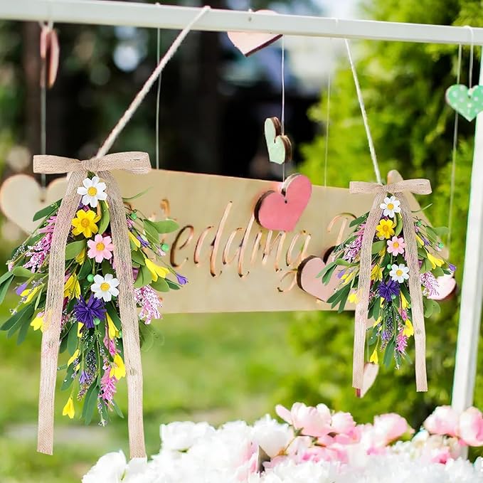 6 PCS Spring Summer Teardrop Swag with Bow Artificial Wildflower Sconce Lighting Swag Wreath Lavender Daisy Wisteria Candlestick Wreath Green Eucalyptus Floral Swag for Wall Cabinet Chandelier Decor