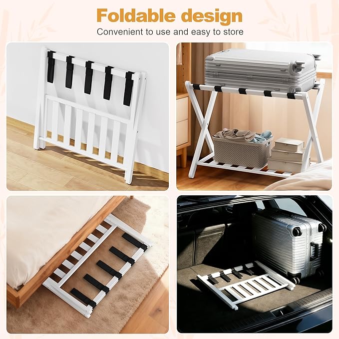 White Luggage Racks Set of 2, Bamboo 26.77" Luggage Rack Stand for Guest Room, 5 Nylon Straps, Foldable Suitcase Stand with Storage Shelf for Bedroom Hotel, Holds up to 165 Lbs