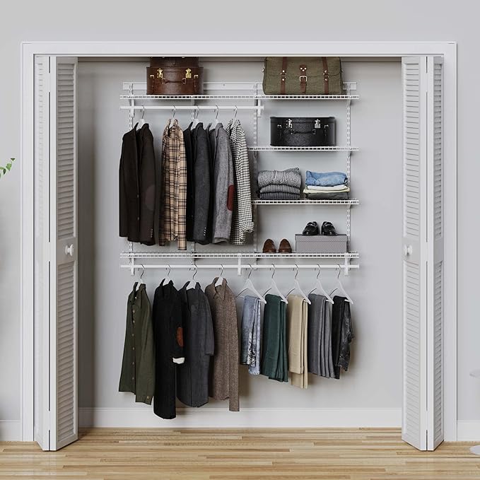 ClosetMaid ShelfTrack Wire Closet Organizer System, Adjustable from 5 to 8 Ft., With Shelves, Clothes Rods, Hardware, Durable Steel, White