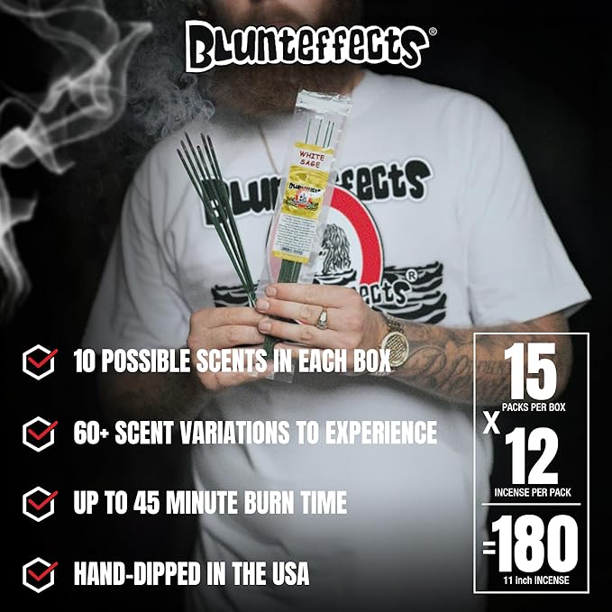 Blunteffects Hand-Dipped Incense Sticks - Premium 180-Pack Variety Set, 15 Different Scents, 11" Long, USA-Made Aromatherapy with Long Burn Time (15 Pack, 180 Total Sticks)