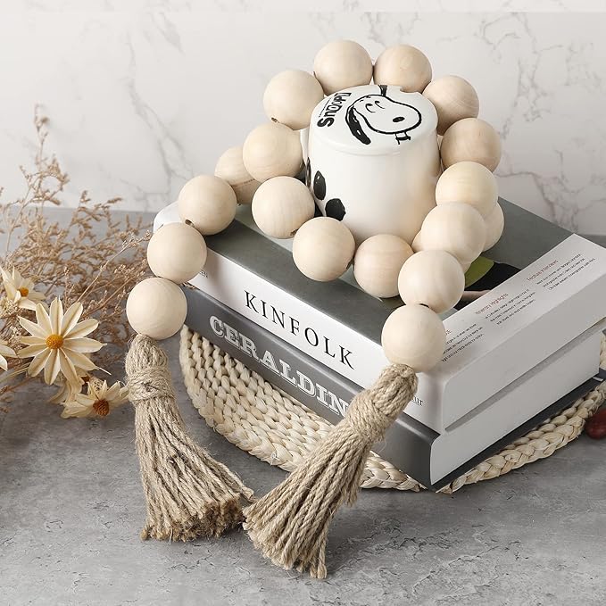Farmhouse Decor Large Wood Bead Garland 50inch long with 1.6" Diameter beads, Natural Wooden Beads Decor with Tassels Decorative Boho Country Decoration for Coffee Table Home Tiered Tray Wall Hanging