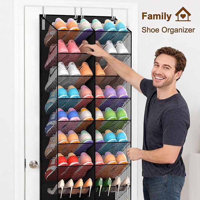 30 Pairs Over the Door Shoe Organizer, Breathable Mesh Pocket Hanging Shoe Storage for Closet, 10-Tier Door Shoes Rack, Handing Shoes Holder Fit All the Family's Sneakers, Boots, Heels, Black