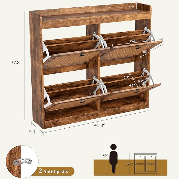 GarveeHome Shoe Cabinet Rattan with 4 Flip Drawers, Wooden Freestanding Shoe Organizer with Adjustable Shelves, Shoe Storage for Entryway, Closet, Hallway