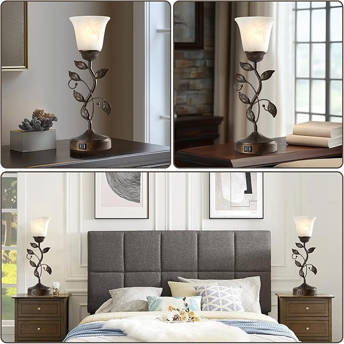 Set of 2 Touch Farmhouse Bedroom Table Lamps 2 USB C+A | Nightstand Vintage Flower Lamps, 3 Way Dimmable Leaf Lamp for Living Room with White Glass Shades, Bulbs Included