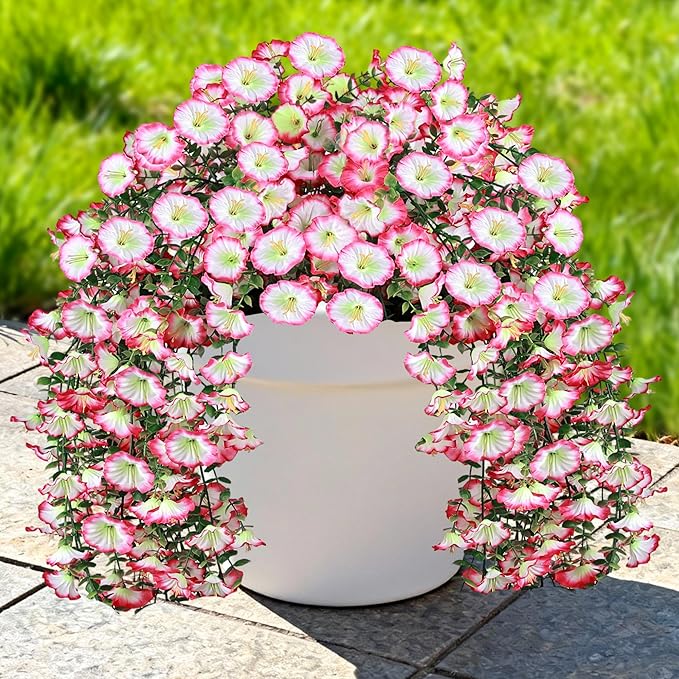 Artificial Hanging Flowers for Outdoors, 4 PCS UV Resistant Faux Plants Silk Realistic 150 Morning Glory Each Vines, Fake Plastic Floral for Garden Patio Spring Summer Decor, Pink