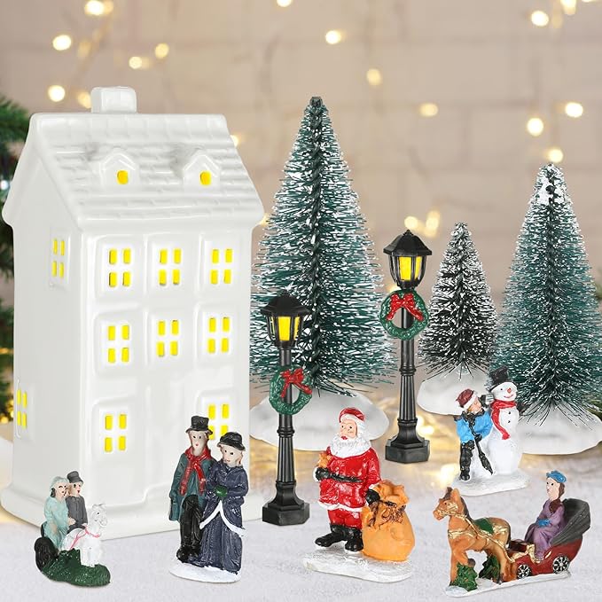 Soaoo 25 Pieces Christmas Village Sets Xmas Led Lighted Christmas Village Houses Mini Xmas Figurines Miniature for Collection Tabletop Mantel Shelf Indoor Accessories