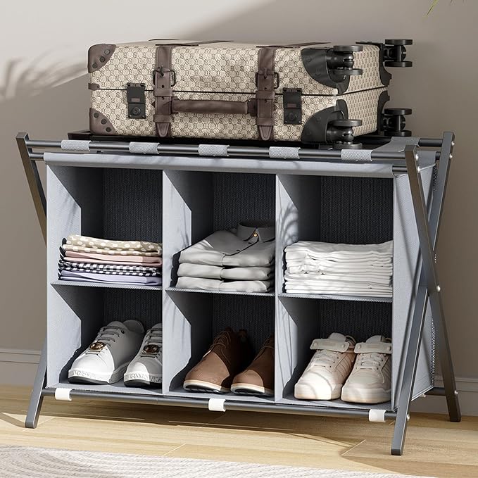 Luggage Rack for Guest Room, Folding Suitcase Stand with 6-Cube Fabric Storage Shelf, Luggage Holder, Steel Foldable Luggage Stand for Guest Room, Bedroom, Hotel, Grey