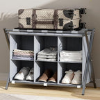 Luggage Rack for Guest Room, Folding Suitcase Stand with 6-Cube Fabric Storage Shelf, Luggage Holder, Steel Foldable Luggage Stand for Guest Room, Bedroom, Hotel, Grey