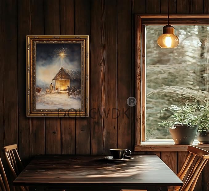 Vintage Nativity Scene Gold Framed Wall Art Birth of Jesus Christmas Christian Painting Canvas Prints Mary Joseph Holy Family Picture Star of Bethlehem Poster Artwork for Church Prayer Room, 16x24in