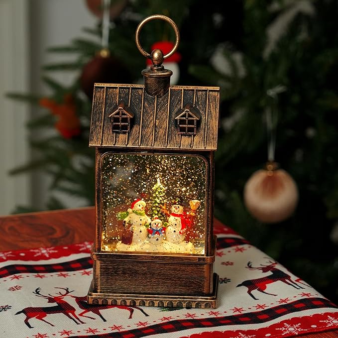 Christmas Snow Globe Lantern Water Glittering Snowman Family with Music, USB Lined/Battery Operated Lighted Lantern for Christmas Festival Decoration Gifts