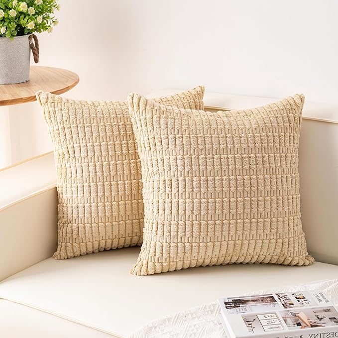 Aegero Pack of 2 Corduroy Decorative Throw Pillow Covers 22x22 Inch Soft Striped Pillow Covers Modern Farmhouse Home Decor for Sofa Living Room Couch Bed（Beige）