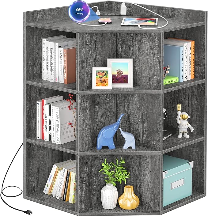 Aheaplus Corner Cabinet, Corner Storage with USB Ports and Outlets, Corner Cube Toy Storage for Small Space, Wooden Cubby Bookshelf with 9 Cubes for Playroom, Bedroom, Living Room, Grey Oak