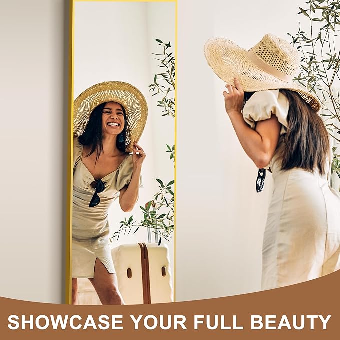 Delma Full Length Mirror,Large Floor Mirror with Aluminum Frame for Bedroom, Bathroom, Living Room,Wall Mount or Freestanding Design(with Stand,Rect 56x15-Gold)