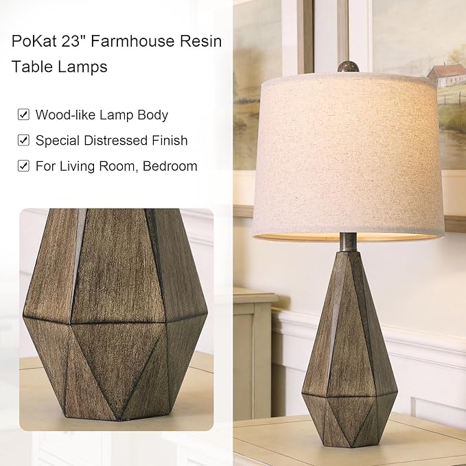 PoKat 23.5'' Table Lamps Set of 2 for Bedroom, Farmhouse Nightstand Lamps for Living Room, Rustic Bedside Lamps with Linen Lampshade for Side Table Office Hallway Entryway Dark Wood-Like (Brown)