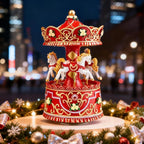 Christmas Carousel Music Box with Lights, Rotating Wind Up Musical Merry-Go-Round Figurine, Hand Painted Holiday Collectible Decor, Plays Jingle Bells, Gift for Kids, Girls, Women