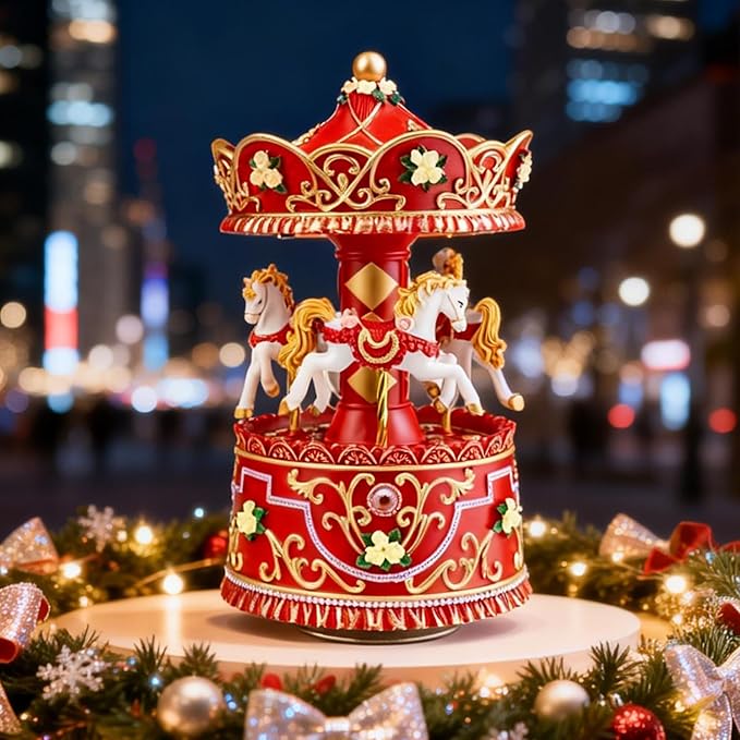 Christmas Carousel Music Box with Lights, Rotating Wind Up Musical Merry-Go-Round Figurine, Hand Painted Holiday Collectible Decor, Plays Jingle Bells, Gift for Kids, Girls, Women