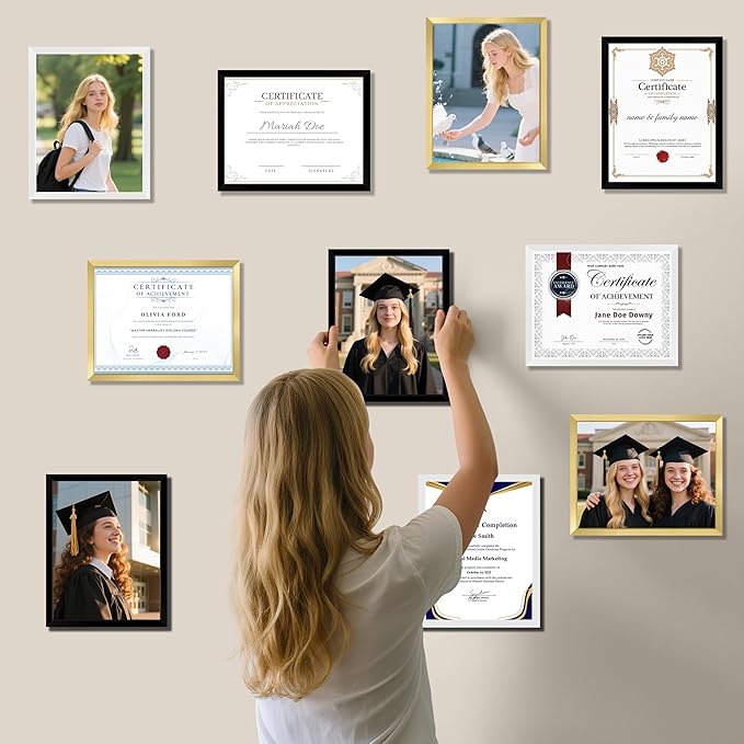 NEXCOVER Diploma Frame Gold 10 Pack, 8.5 x 11 Certificate Frame with HD Plexiglass, 8.5 by 11 Picture Frames for Documents, Photos, Posters, Artworks, Horizontal and Vertical Wall Display