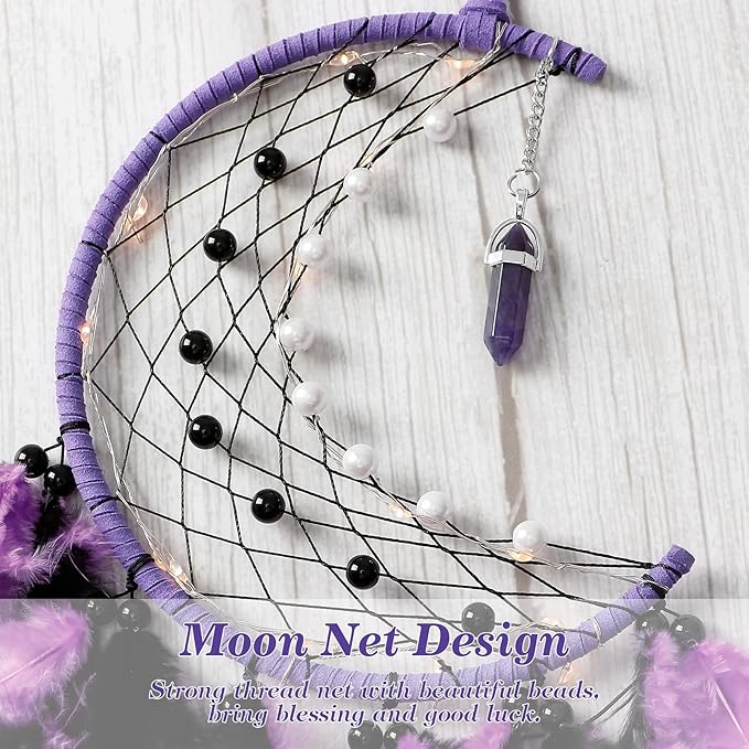 Dremisland Moon Dream Catcher with Fairy Lights-Handmade Colorful Feather Lucky Turquoise Pendant Beads Wall Hanging Ornament for Kids Bedroom Home Decoration,Art Craft Gift. (Purple&Black)