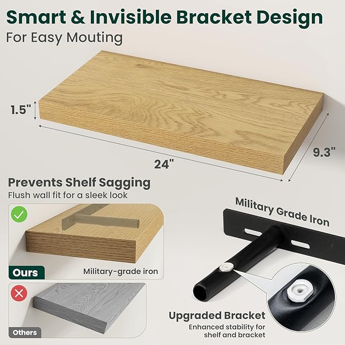 Floating Shelves for Wall 24 in x 9.3 in Deep, Wall Mounted Rustic Wood Shelf with Invisible Brackets for Storage & Display, Living Room Bedroom Bathroom, Oak, 2 Pack