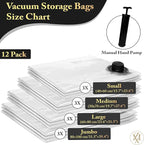 Vacuum Storage Bags – 12 Pack with Hand Pump | Space Saver Compression Bags for Clothes & Bedding | Extra Thick, Airtight Double-Zip, Triple-Valve | Reusable Storage (Jumbo/Large/Medium)