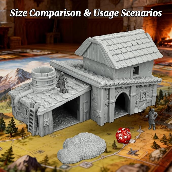 Unpainted 3D Printed Tabletop RPG Terrain–25 Scale Map Props for Trench Crusade & DND Bundle,Gable Roof Medieval Residence Scenery – Medieval Village F AF1124F