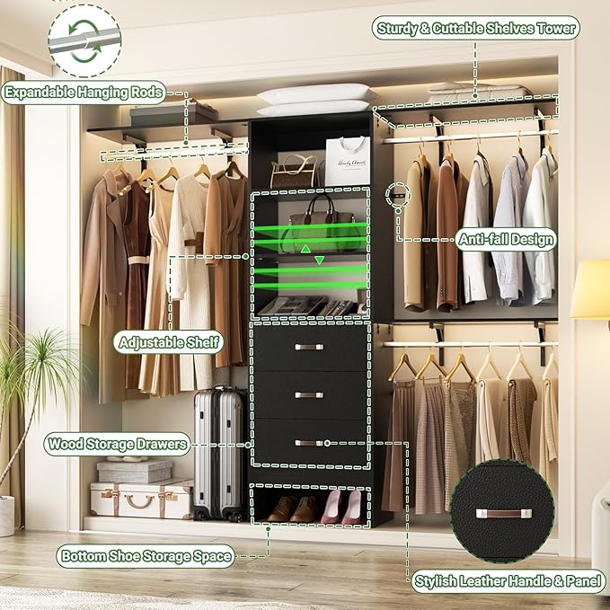 Closet System with Drawer - 8FT Wood Closet Organizer System with 3 Hanging Rods and Shelving Tower, 96" Walk In Closet Organizer Wardrobe, Heavy Duty Garment Rack Clothes Rack, Black