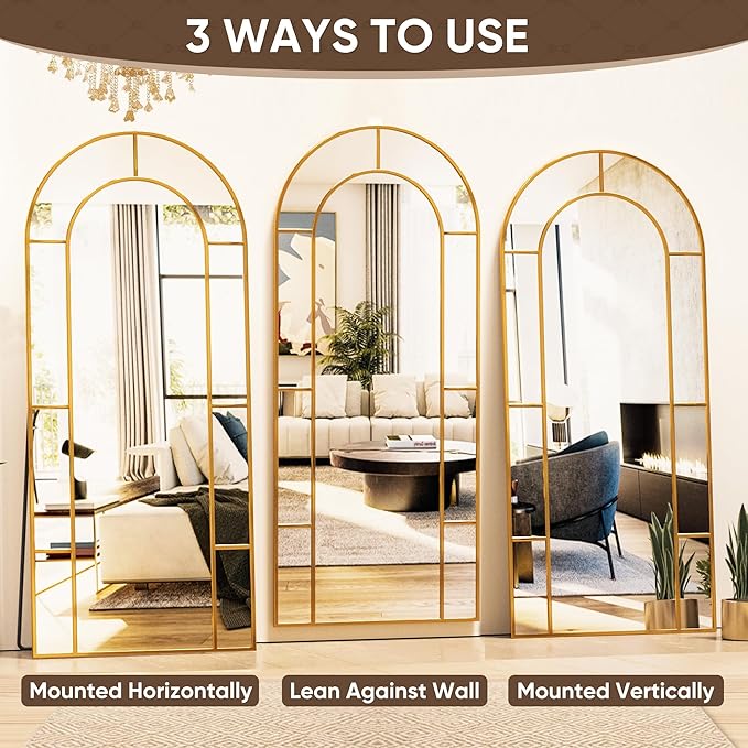 Antok 71" x 32" Full Length Mirror, Floor Mirror Arched Window Decorative Mirror, Metal Framed Decor Farmhouse Floor Mirrors Art Pane Mirrors Wall Decor for Bedroom, Living Room, Entryway Black