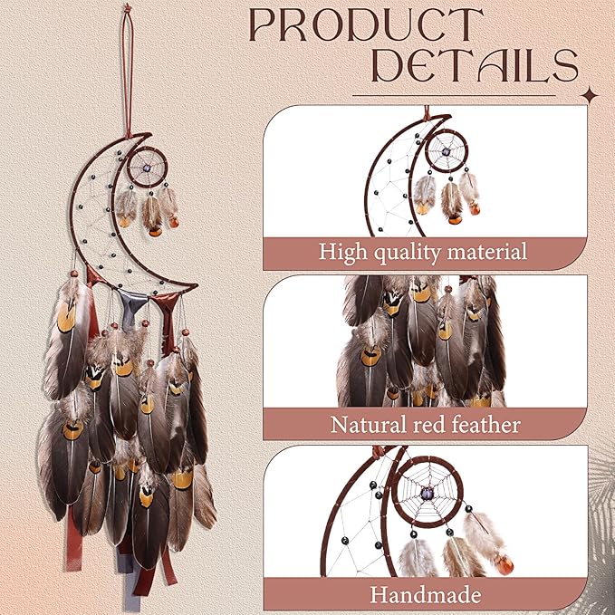 Jetec 3 Pcs Dream Catcher Moon Sun Star Design Handmade Traditional Design Craft Ornament Wall Art Hanging Home Decoration Bedroom Wedding(Brown)