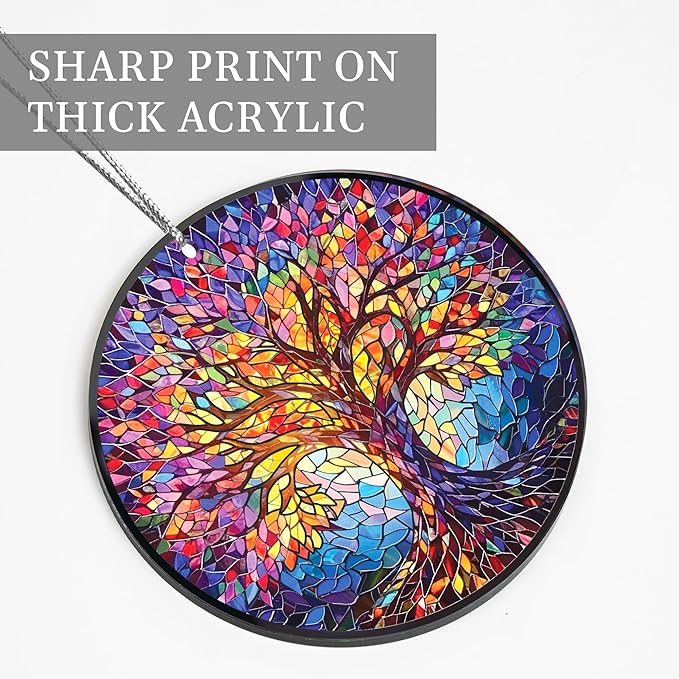 2025 Christmas Ornaments, Christmas Tree Ornaments Acrylic, Faux Stained Glass Effect White Elephant Gifts Exchange, Unique Suncatcher Xmas Stocking Stuffers for Women, Men (Tree of Life)