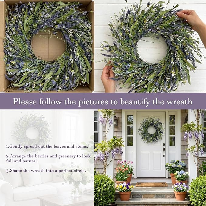 Jobflower 24 Inch Lavender Wreath for Front Door - Artificial Spring Wreath with Realistic Blue Berries - Lifelike Farmhouse Wall Decor for All Seasons