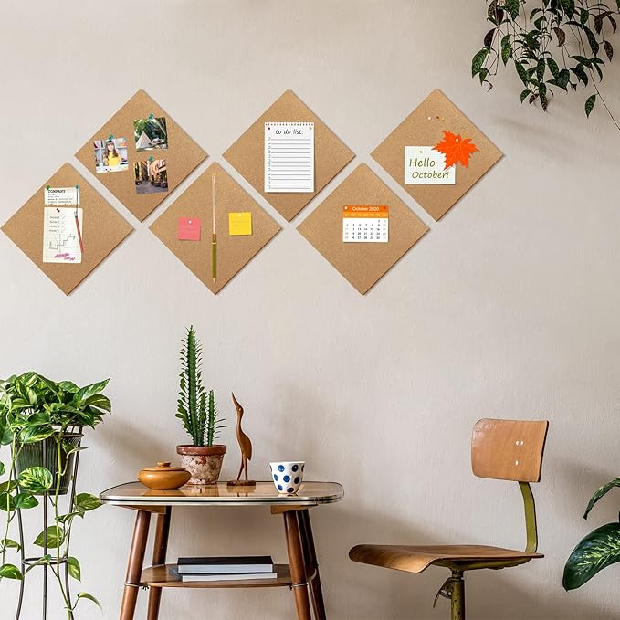 TUPARKA 6 Pack Cork Board 12"x12" - 1/4" Self-Adhesive Corkboards With 100 Push Pins, Bulletin Boards, Square Cork Tiles for Wall, Home, School, Office Decorative