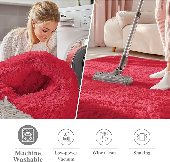 OLANLY Red Round Rugs for Bedroom - Machine Washable, 3 ft Circle Area Rugs for Living Room, Soft and Fluffy Shaggy Carpet for Teen Girls and Boys, Nursery Rooms, Dorms, Home Decor Aesthetic