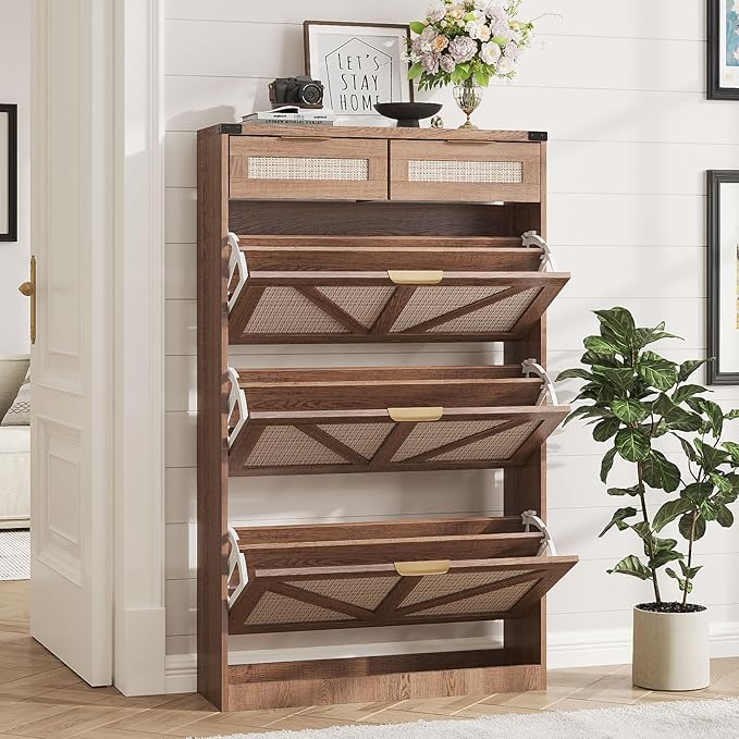 Shoe Cabinet with 3 Flip Drawers & 2 Drawers,Freestanding Shoe Storage Cabinet for Entryway,Farmhouse Narrow Slim Organizer Rack for Foyer,Hallway,Rustic Oak Rattan