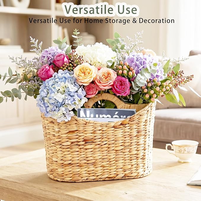 Magazines Holder - Wicker Magazine Rack, Handwoven Magazine Holders for Bathroom, Magazine Organizer for Books, Newspaper, Water Hyacinth Magazine Basket with Handle, 14x11.5x6.7inch