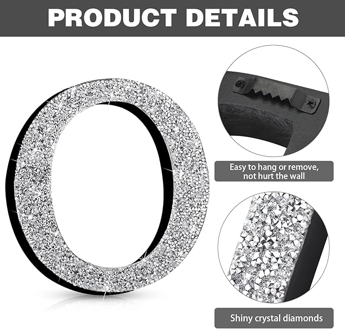 Qunclay 12'' Silver Crystal Diamond Bling Letters Crushed Diamond Decoration Wooden Glitter Letter with Screw and Hooks Rhinestone Gift for Wedding Y2k Mcbling Bedroom Wall Decor (Letter O)
