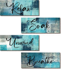 Maitys 4 Pcs Bathroom Wall Decor 10 x 4 Inch Bathroom Wall Art Contemporary Wood Restroom Pictures for Soak Unwind Relax Hanging Sign Spa Rustic Vintage Farmhouse Pediments(Turquoise and Grey)