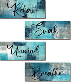 Maitys 4 Pcs Bathroom Wall Decor 10 x 4 Inch Bathroom Wall Art Contemporary Wood Restroom Pictures for Soak Unwind Relax Hanging Sign Spa Rustic Vintage Farmhouse Pediments(Turquoise and Grey)