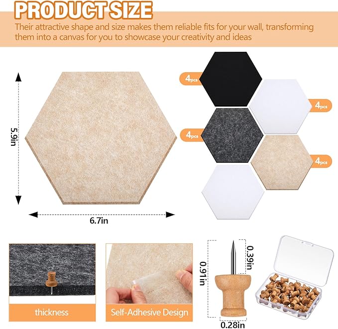 Mindsoft 16 Pcs Hexagon Cork Board for Walls with 50 Wooden Push Pins 6.7 x 5.9 in Felt DIY Tiles Notice with Nano Tape Hanging Bulletin Board for Home Photo Office Memo Note(Classic Colors)