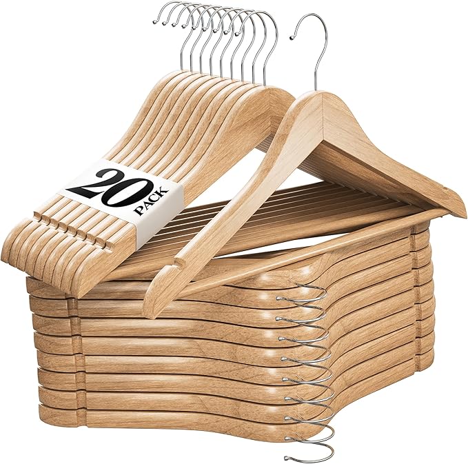 Premium Wooden Hangers 20 Pack - Durable Non Slip Coat Hangers Heavy Duty- Natural Solid Wood Hangers - Clothes Hangers with Chrome Swivel Hooks - Great for Jacket, Dress, Suit Hangers, Home-It