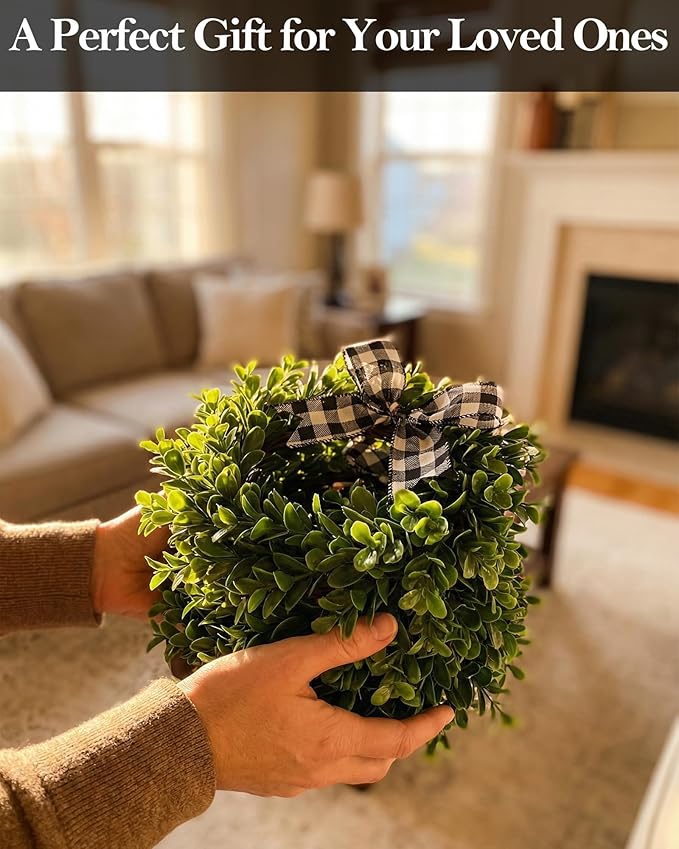 Mini Eucalyptus Wreaths for Kitchen Cabinets, Small Farmhouse Greenery Wreath Candle Rings with Buffalo Check Bow, Realistic Boxwood Leaf Wall Window Indoor Outdoor Decor, UV Protected