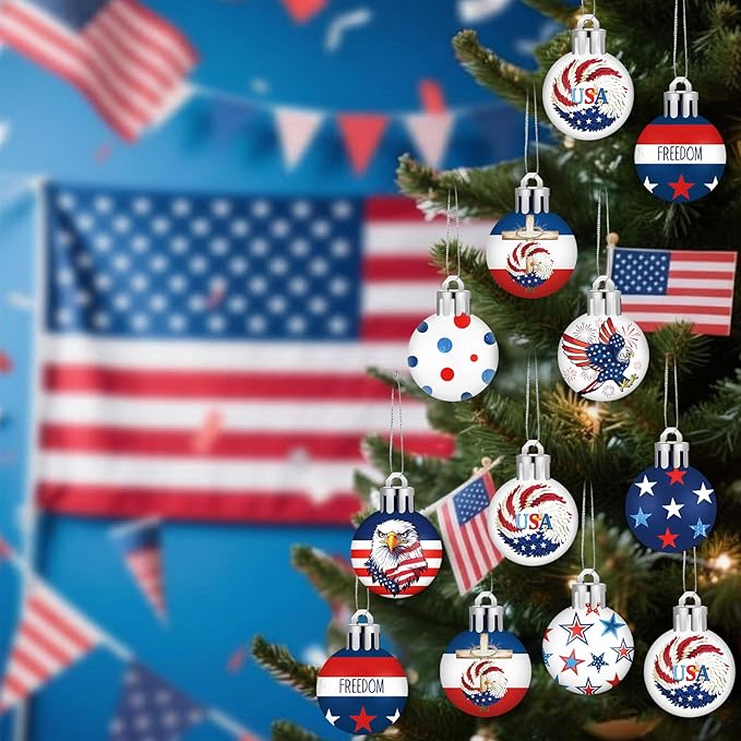 HyDren 40 Pcs 4th of July Ornaments 1.2 Inch Mini Patriotic Tree Decorations 250th Anniversary Memorial Day Independence Day Ornaments Red White Blue Eagle Star Ball Decorations for Holiday Party