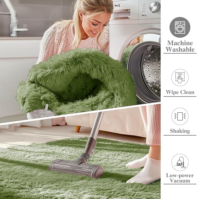 OLANLY 2x5 Machine Washable Runner Rugs for Hallway, Soft Fluffy Shaggy Bedside Rugs for Bedroom, Living Room, Indoor Floor Carpet for Kids Girls and Boys, Home Decor Aesthetic, Green