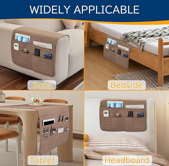 Remote Control Holder for Armchair, Couch Caddy Organizer TV Remote Holder for Recliner Couch With 6 Pockets, Non-Slip Arm Chair Caddy Bedside Table Organizer for Magazine, Tablet, Phone (Beige)