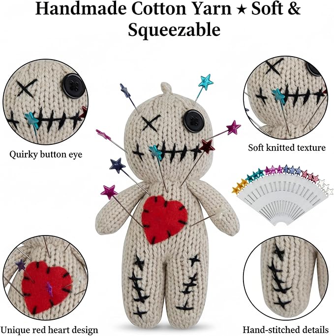 Voodoo Doll with 18 Pins, Creepy Horror Plush Stress Relief Halloween Decoration & Funny Gag Gift for Friends, Office & Party for Adult