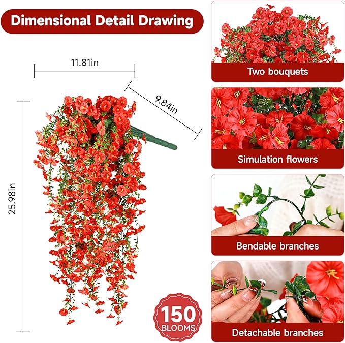 Artificial Hanging Flowers for Outdoors, 4 PCS UV Resistant Faux Plants Silk Realistic 150 Morning Glory Each Vines, Fake Plastic Floral for Garden Patio Spring Summer Decor, Red