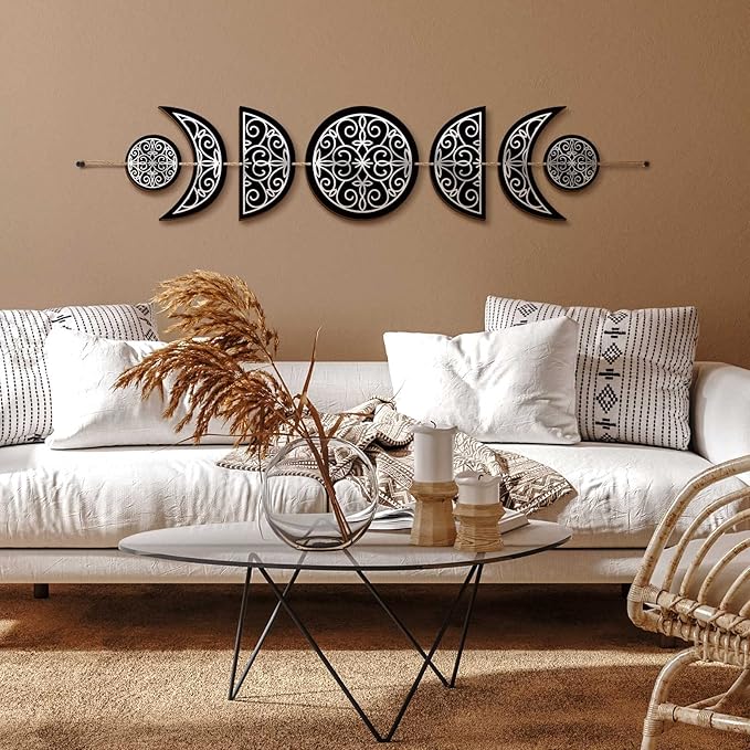 BBTO Boho Wall Decoration Moon Phases Wall Art Stars Moon Minimalist Room Decoration Wooden Gothic Witchy Pediments Hanging Sign